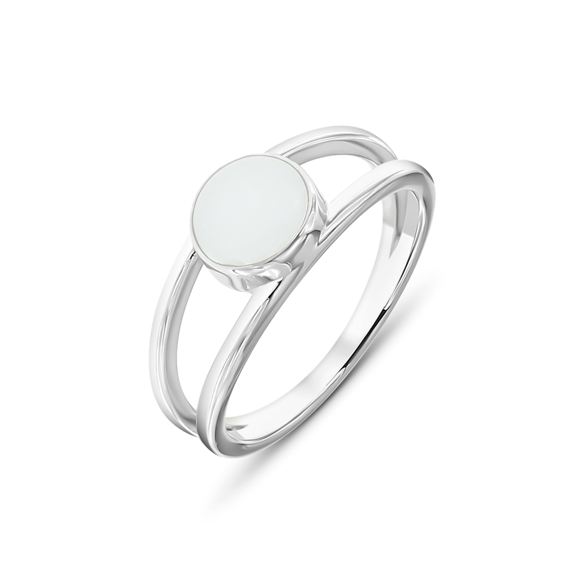 Massief witgouden ring met een ronde, vlakke moedermelkhars steen in het midden en een dubbele band.