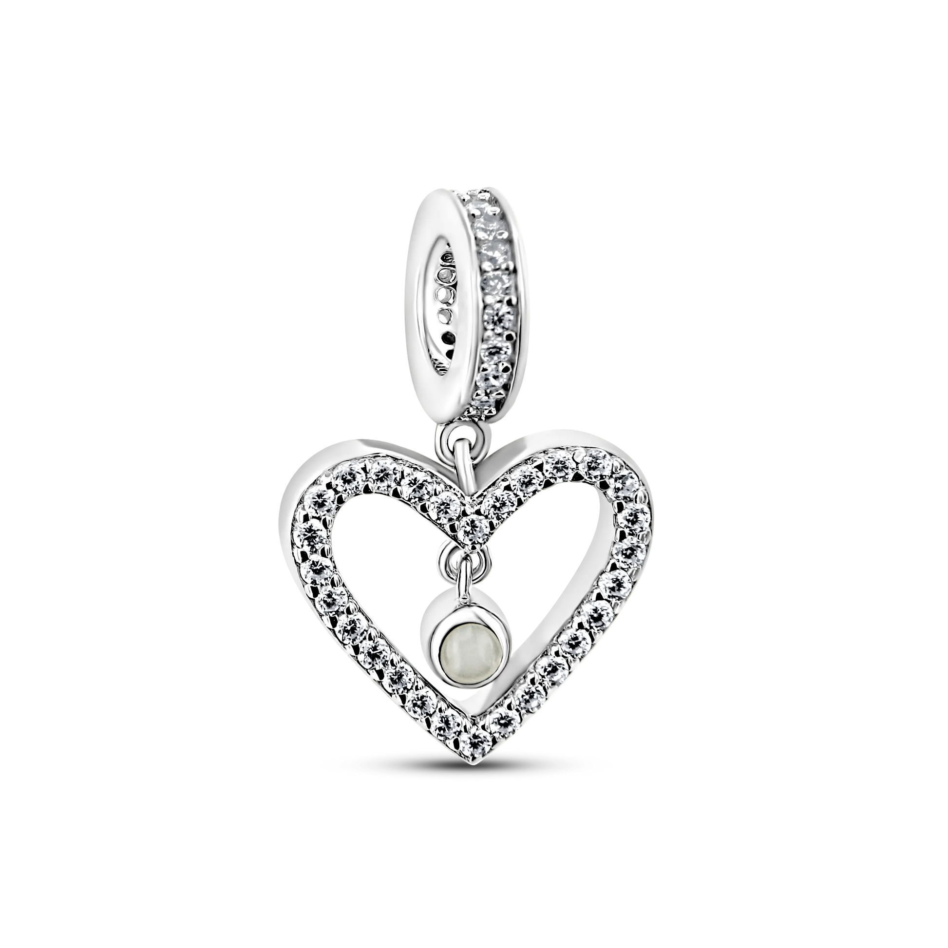 Sophie moedermelk bedel van gerhodineerd zilver, open hart met zirkonia en zwevend moedermelksteentje
