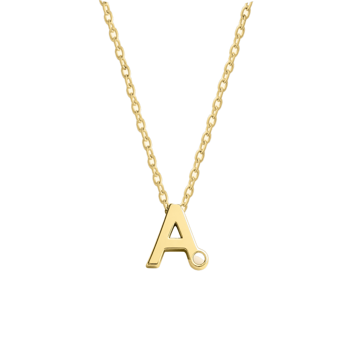 Gouden hanger in de vorm van een letter A, bevestigd aan een fijne schakelketting.