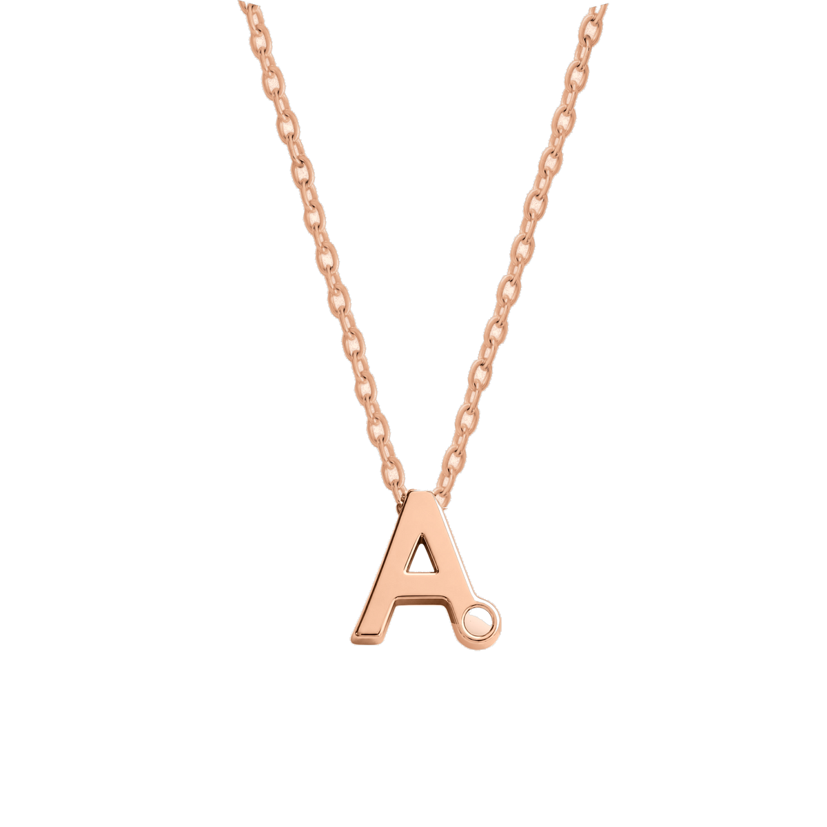 Roségouden hanger in de vorm van een letter A met een kleine cirkel, hangend aan een fijne ketting.