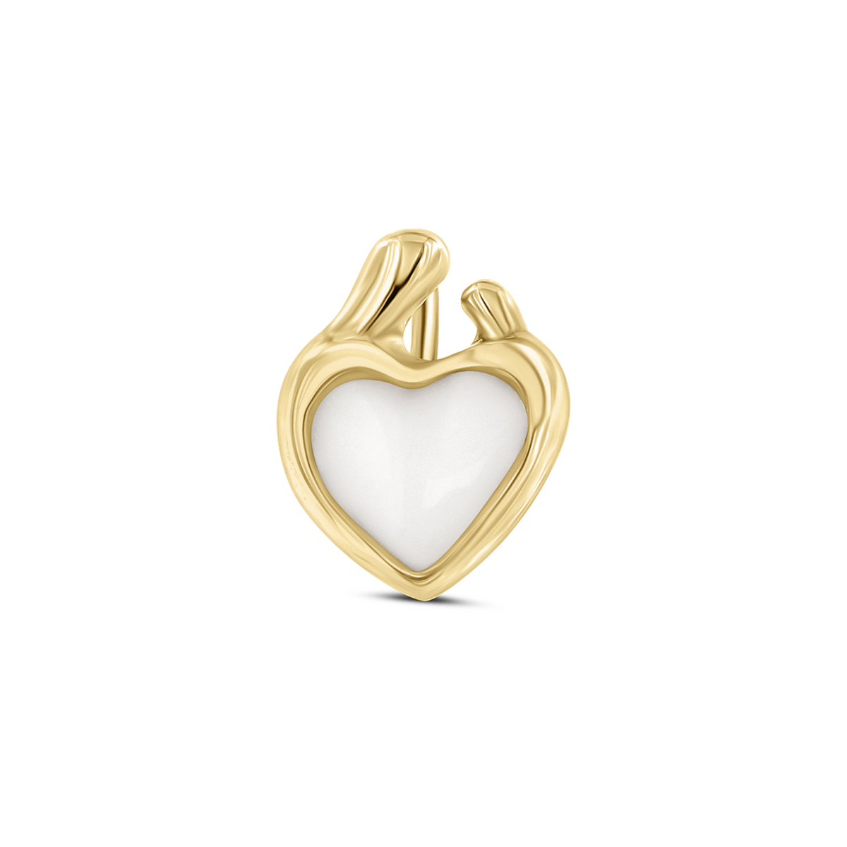 Hanger in geelgoud met een hartvormige, witte moedermelkhars en een elegante, golvende afwerking.