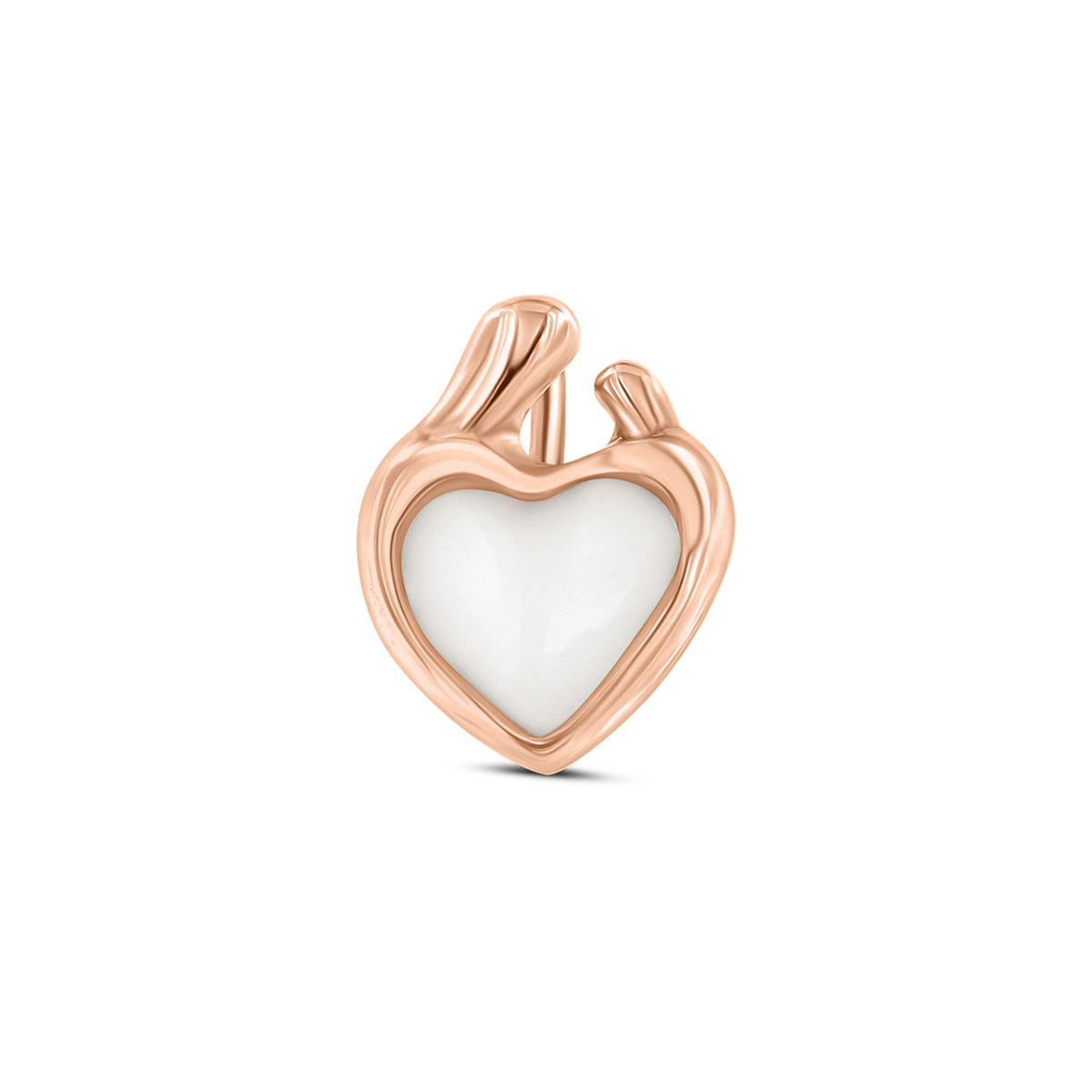 Roségouden hanger in de vorm van een hart met een vlak van moedermelkhars, glad afgewerkt en met een elegante uitstraling.