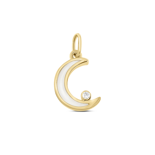 Hanger in geelgoud in de vorm van een halve maan, met een vlak van moedermelkhars en een kleine zirkonia.
