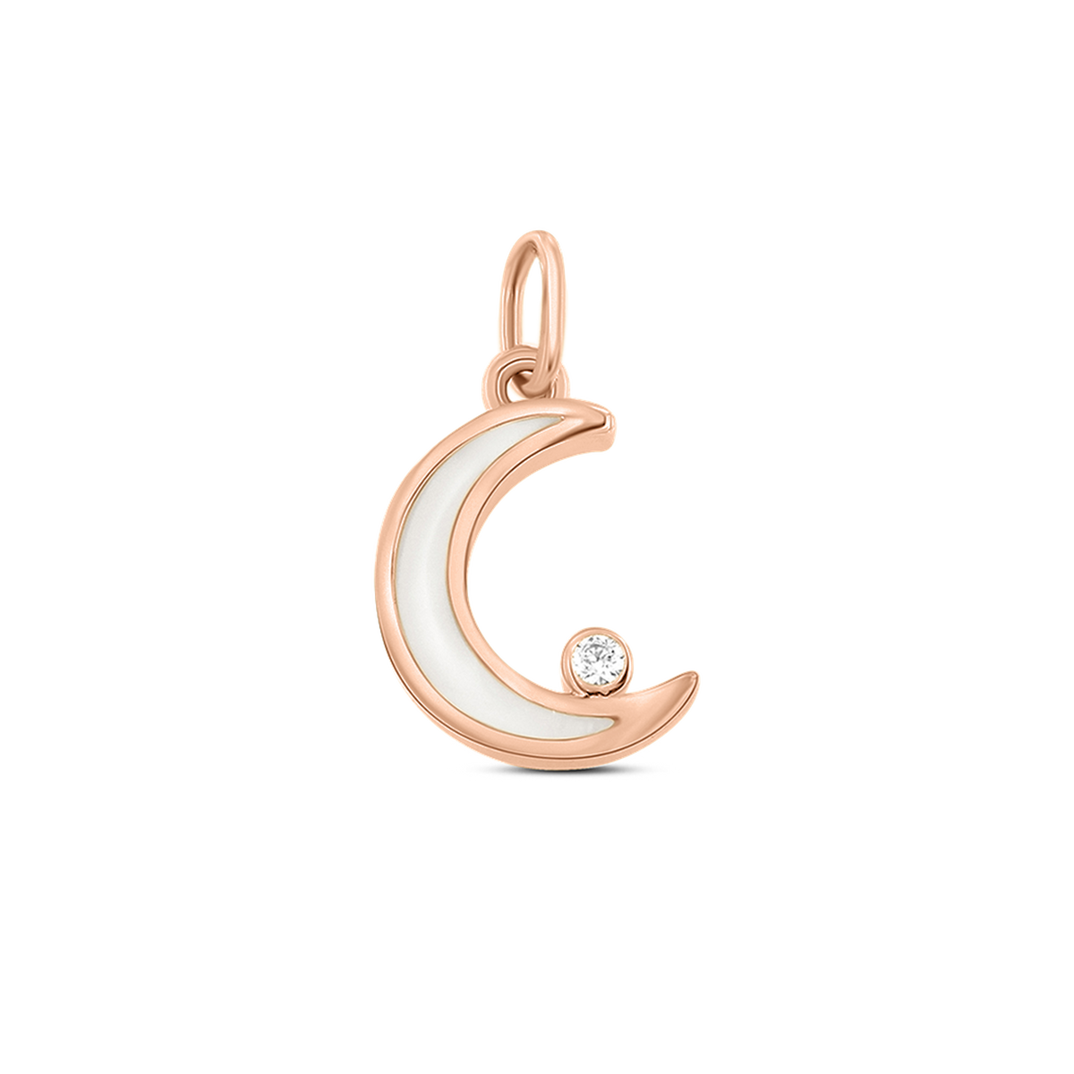 Roségouden hanger in de vorm van een maan, met een vlak van moedermelkhars en een kleine zirkonia.