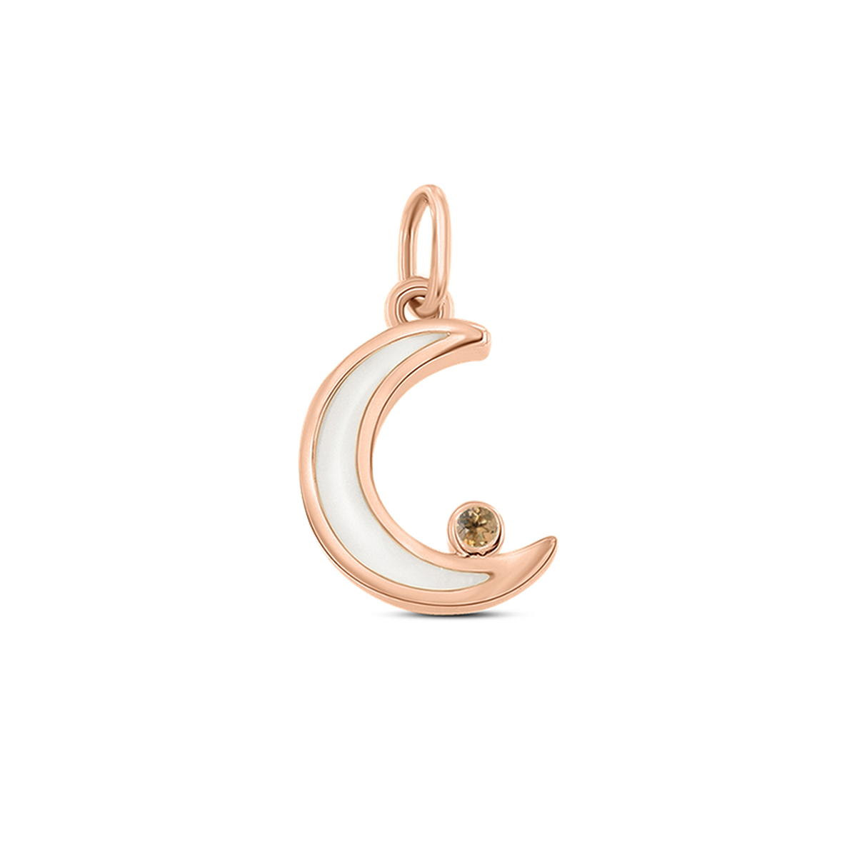 Roségouden hanger in de vorm van een maan, met een vlak van moedermelkhars en een geboortesteen in de vorm van een kleine bol.