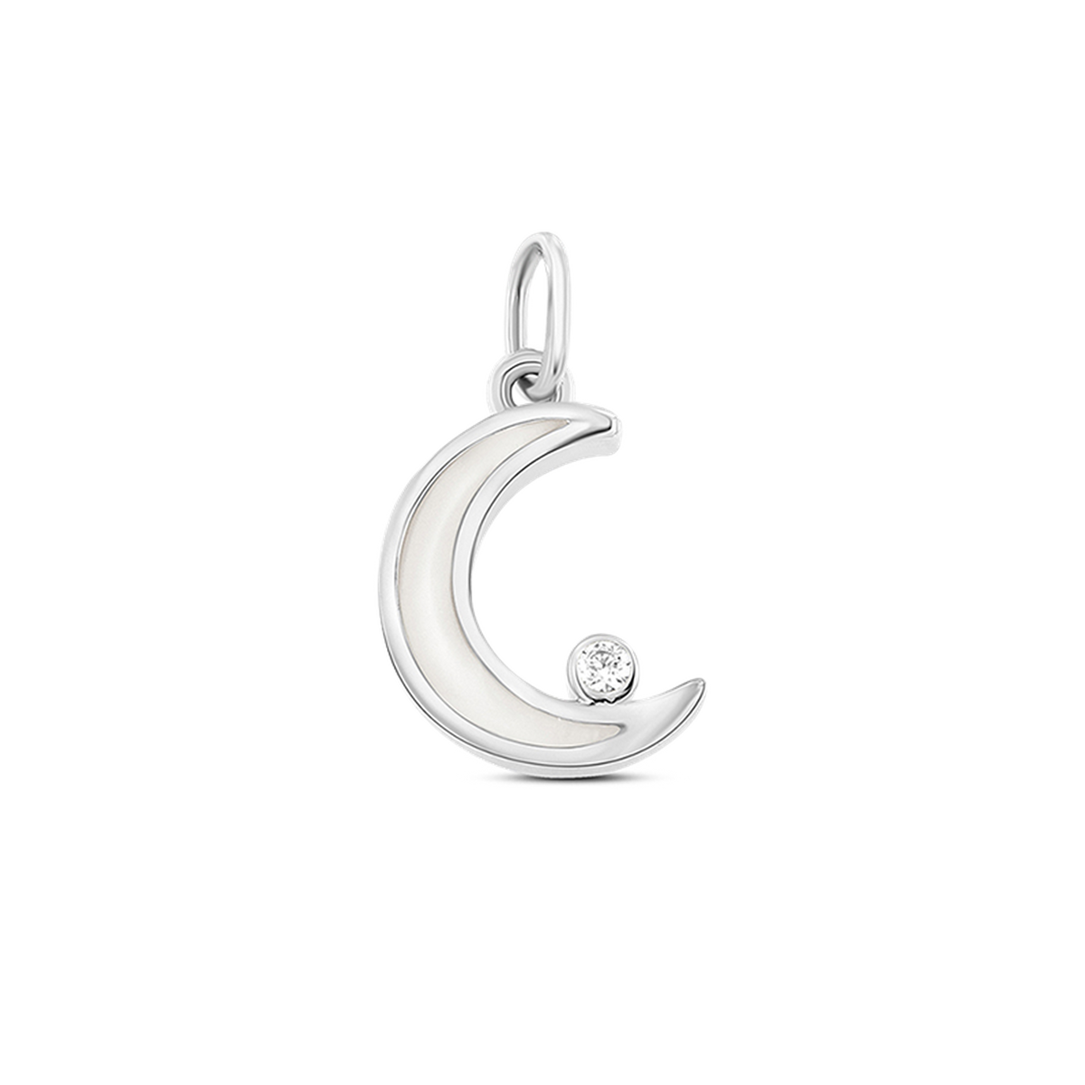 Hanger in witgoud met een golvende vorm en een kleine zirkonia, die de schoonheid van moedermelk symboliseert.