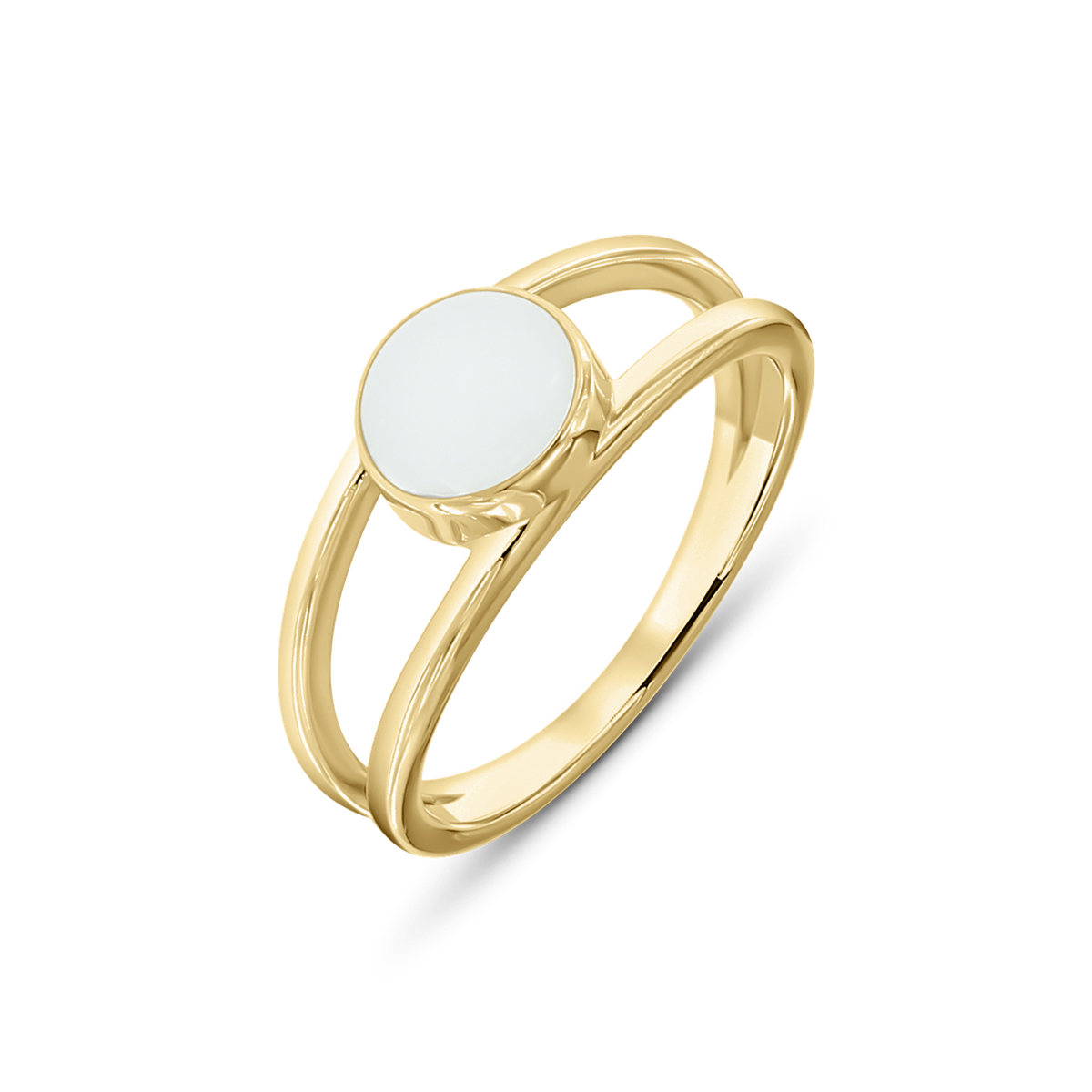 Massief geelgouden ring met een ronde, gladde moedermelkhars steen in het midden en een dubbele band.