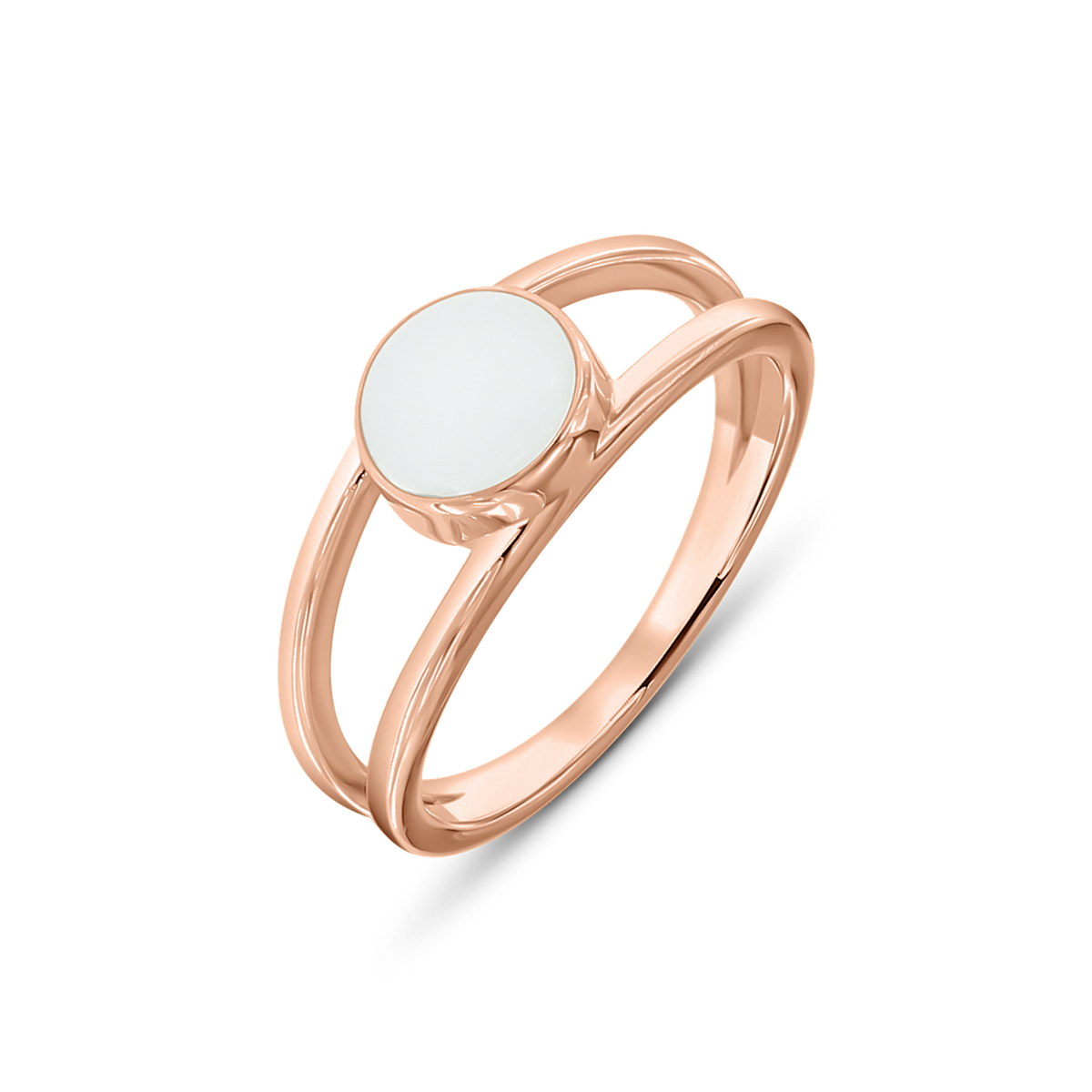 Roségouden ring met een ronde, vlakke moedermelkhars in het midden en een dubbele band.