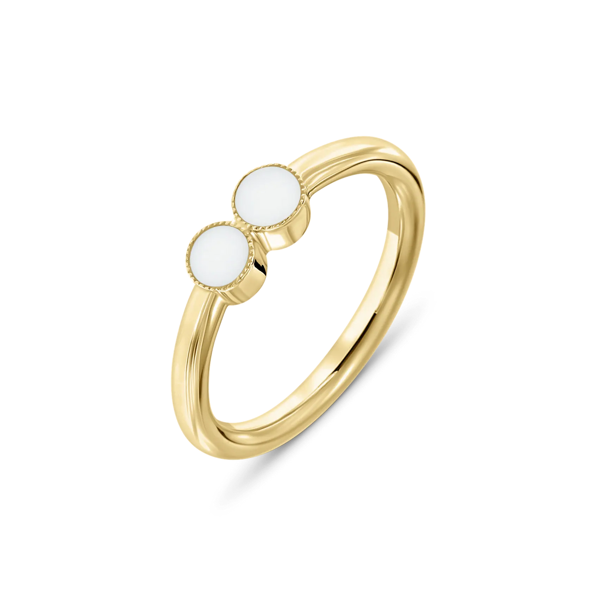 Massief geelgouden ring met twee ronde moedermelkhars elementen, elegant en eenvoudig van ontwerp.