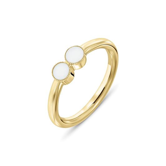 Massief geelgouden ring met twee ronde moedermelkhars elementen, elegant en eenvoudig van ontwerp.
