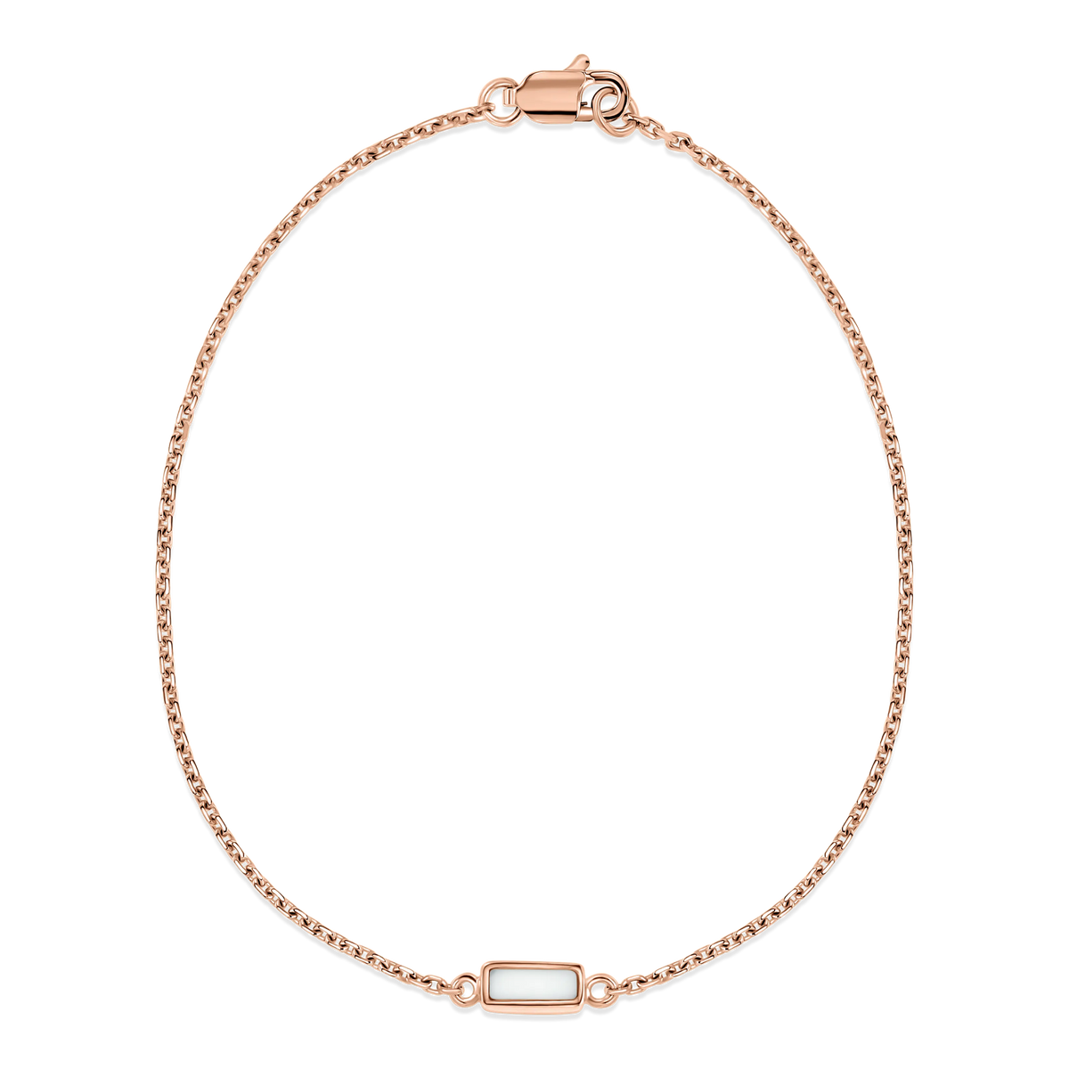 Roségouden armband met een verfijnde schakelstructuur en een rechthoekig element van moedermelkhars.