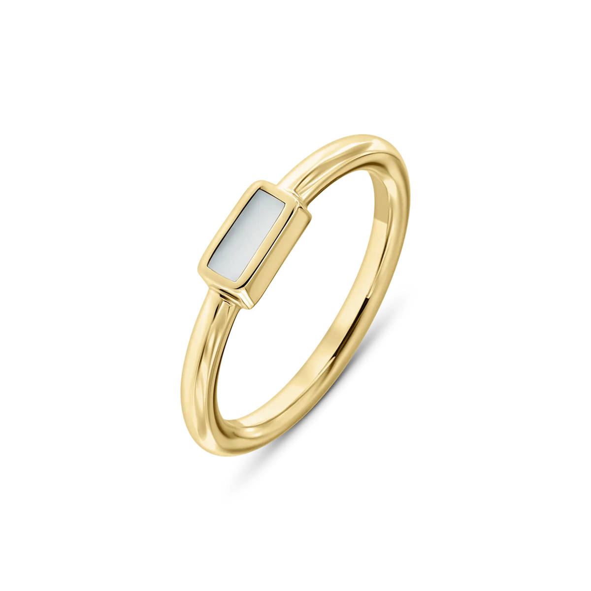 Massief geelgouden ring met een rechthoekige moedermelkharssteen, elegant en minimalistisch van ontwerp.