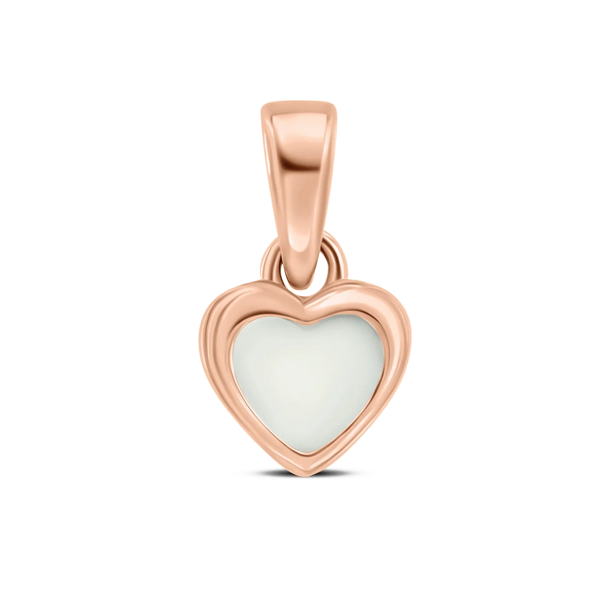 Roségouden hanger in de vorm van een hart met een vlak van moedermelkhars in het midden.