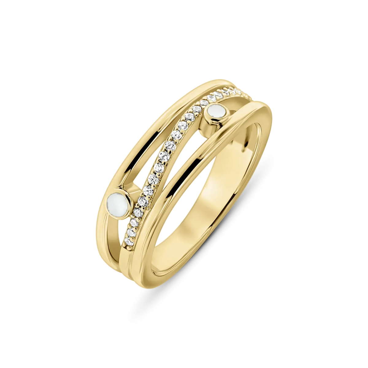 Massief geelgouden ring met een gladde band, versierd met zirkonia en twee ronde moedermelkstenen aan de zijkanten.