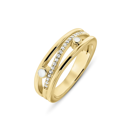 Massief geelgouden ring met een gladde band, versierd met zirkonia en twee ronde moedermelkstenen aan de zijkanten.