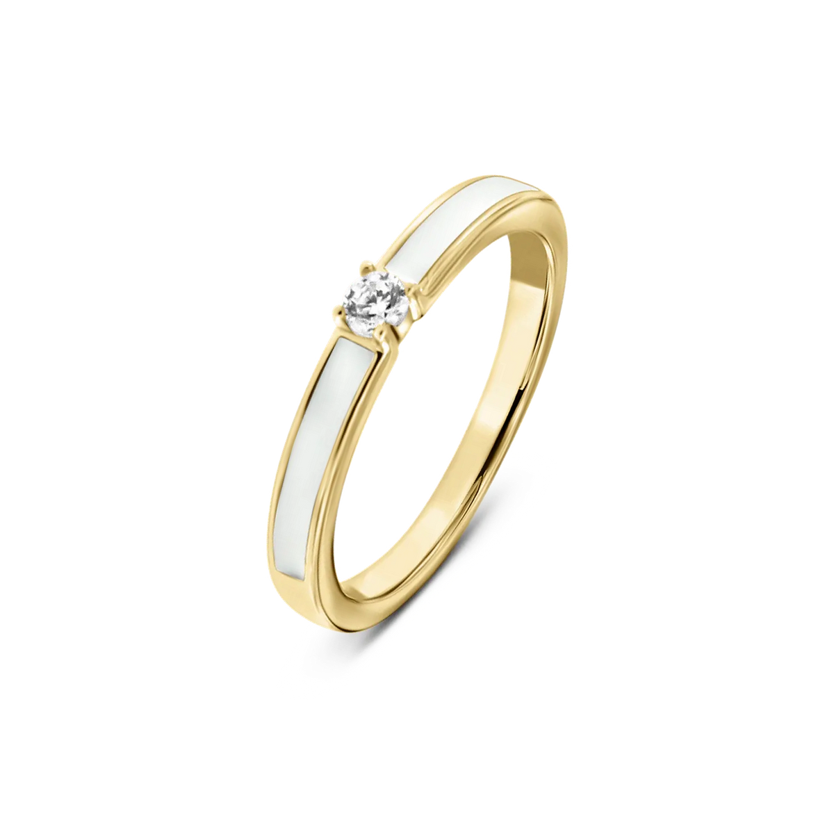 Ring van massief geelgoud met een brede band en een centrale zirkonia, omringd door een vlak van moedermelkhars.