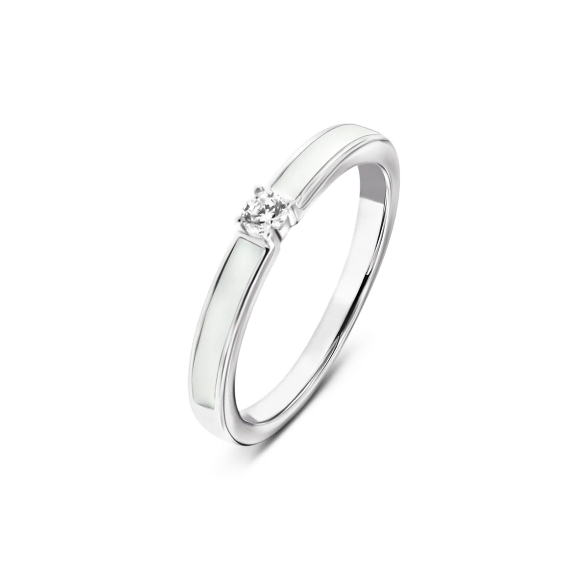 Massief witgouden ring met een heldere zirkonia in het midden en een strakke, moderne vorm.