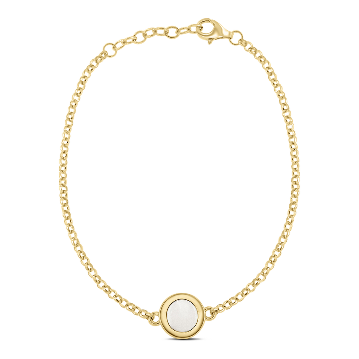 Moedermelk-armband van massief geelgoud met een ronde, witte harssteen in het midden en een fijn, gevlochten ontwerp.