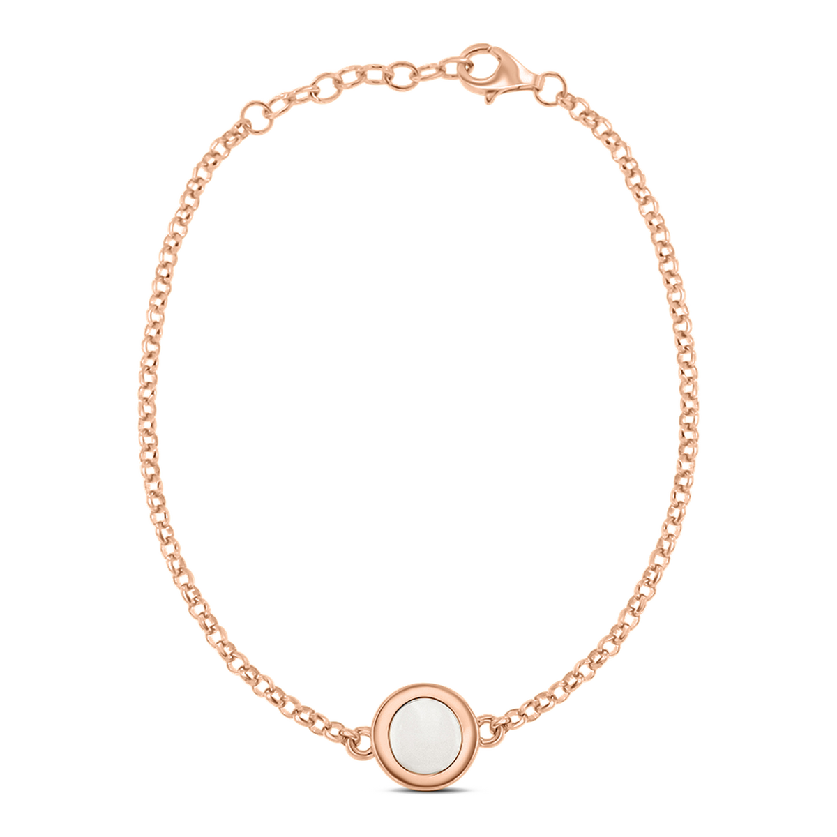 Roségouden moedermelk-armband met een ronde, witte harssteen in het midden en een delicate schakelketting.