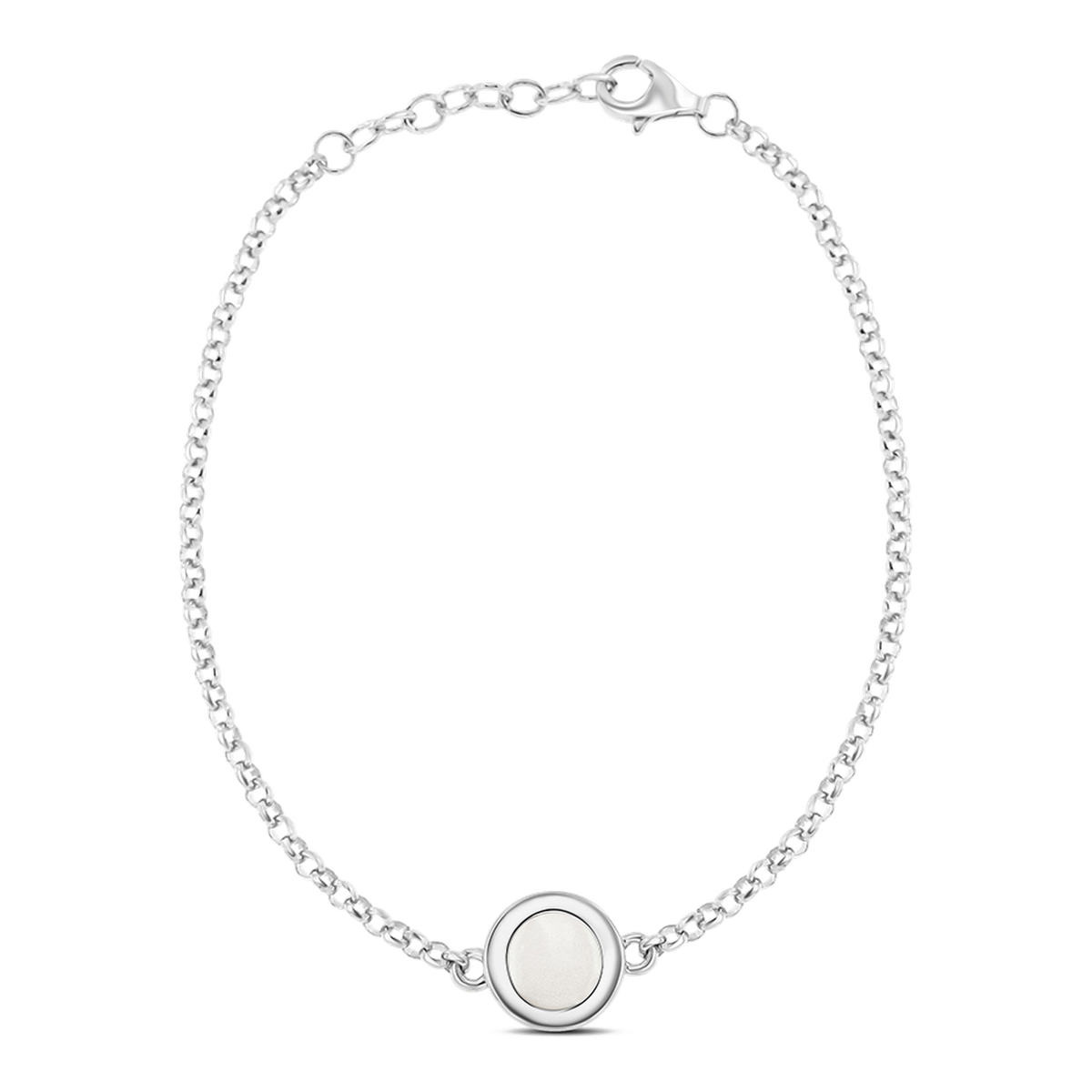 Armband van massief witgoud met een ronde schijf waarin moedermelk is verwerkt, afgewerkt met een gevlochten band.
