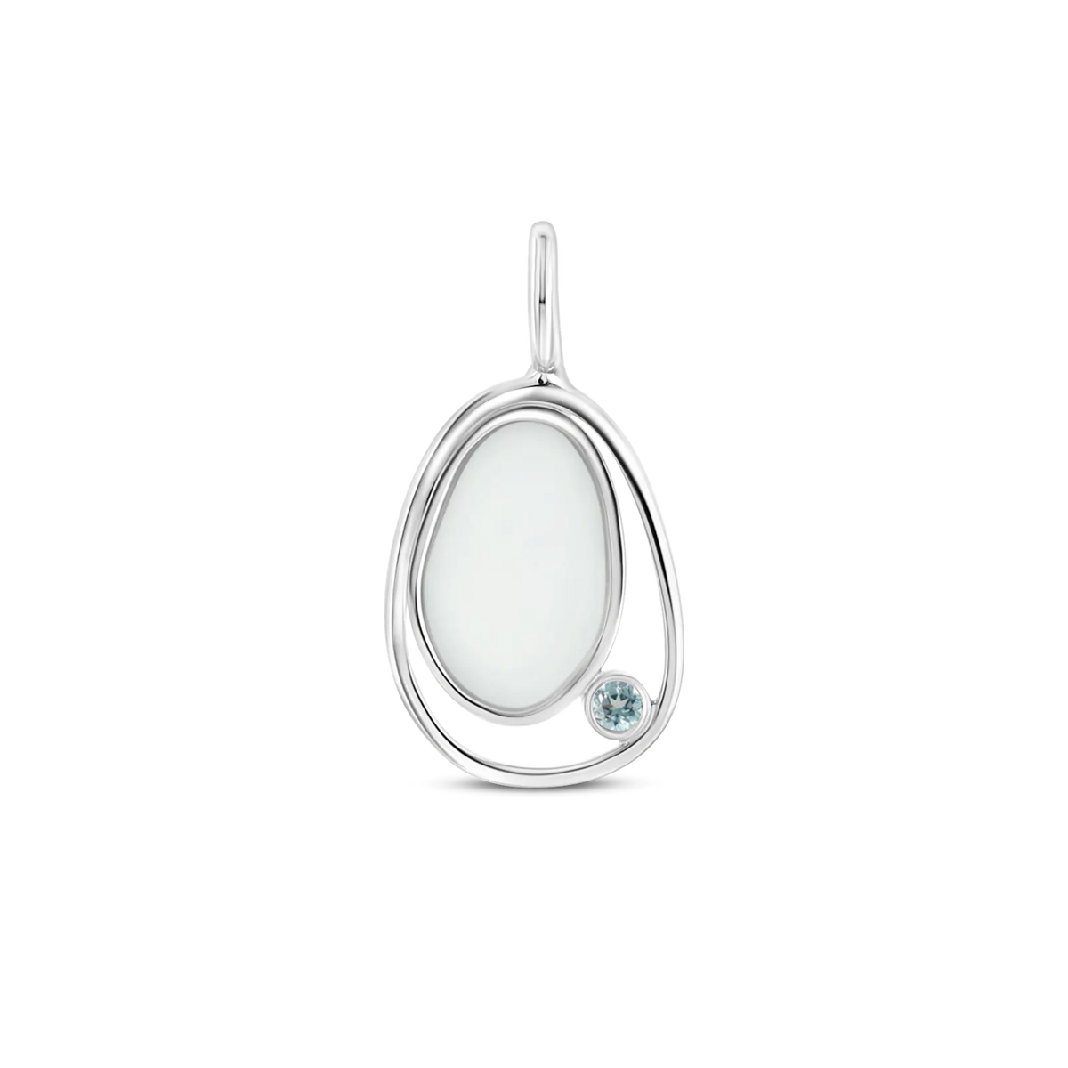 Hanger van 925 zilver met een ovale moedermelkhars en een lichtblauwe zirkonia aan de zijkant.