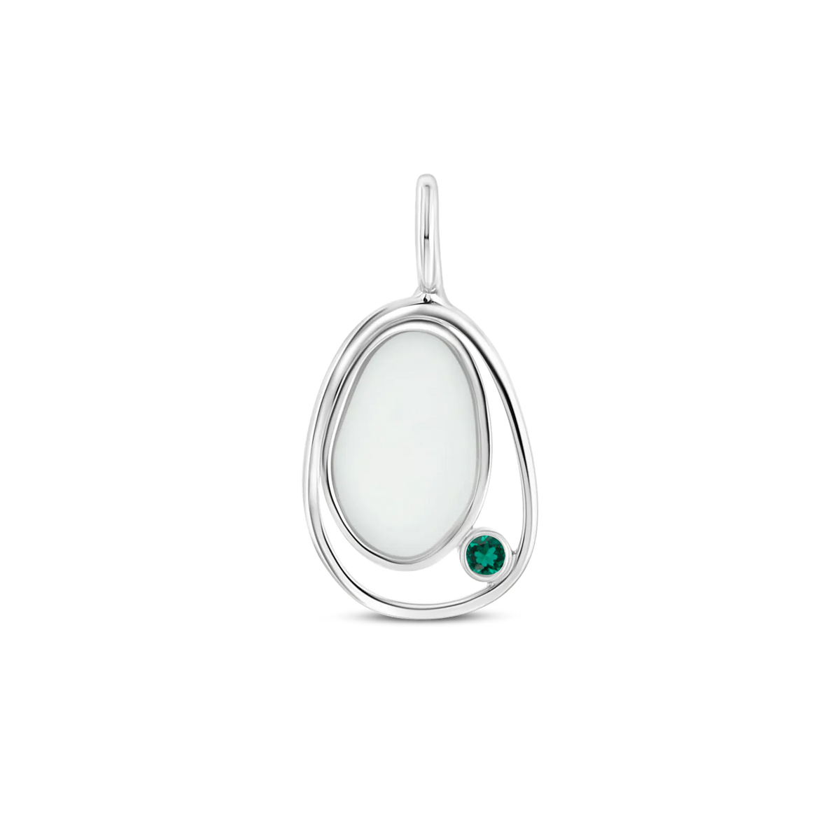 Moedermelk-hanger van 925 zilver met een ovale vorm en een groene geboortesteen, afgewerkt met een elegante omlijsting.
