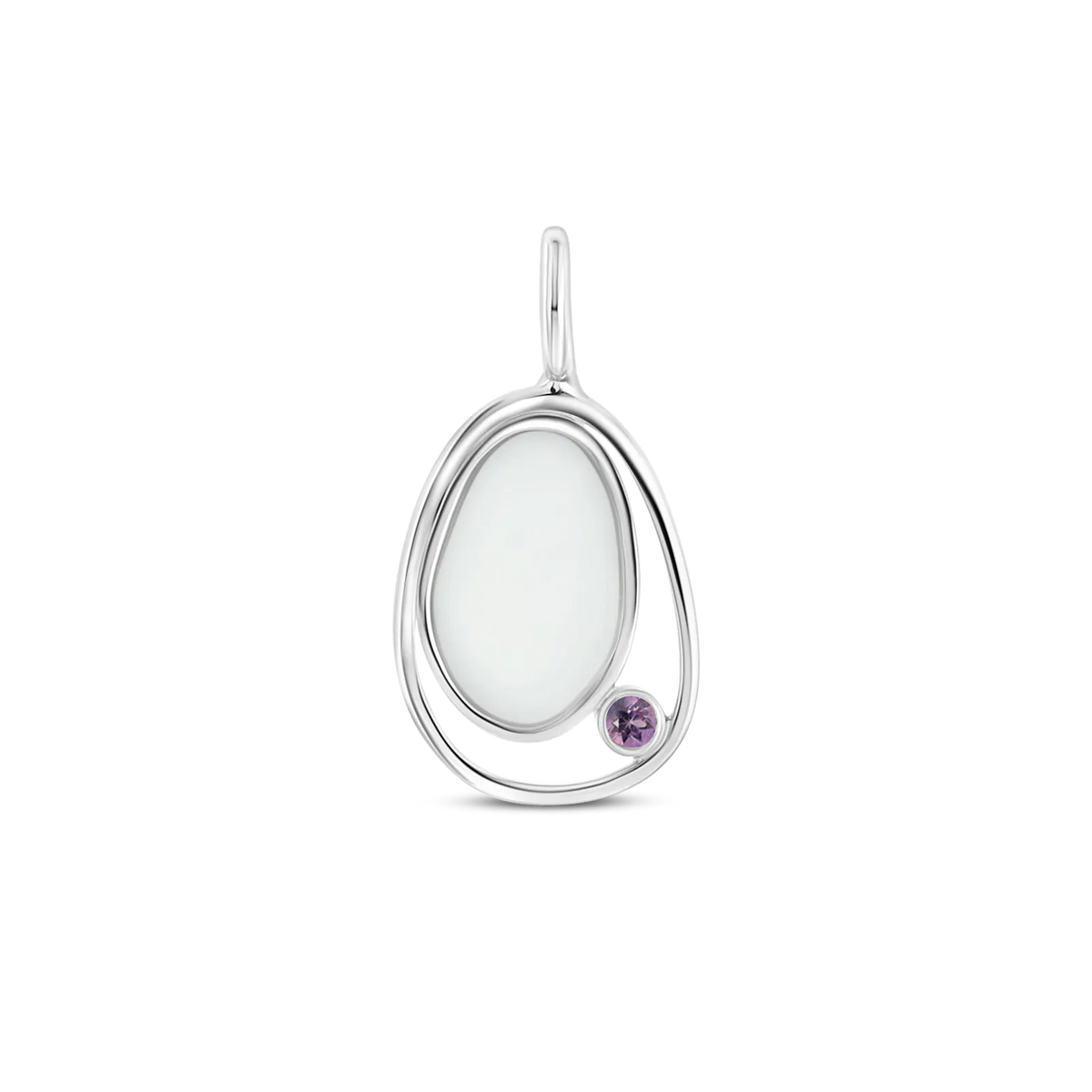 Hanger van 925 zilver met een ovale moedermelkhars en een paarse geboortesteen aan de zijkant.