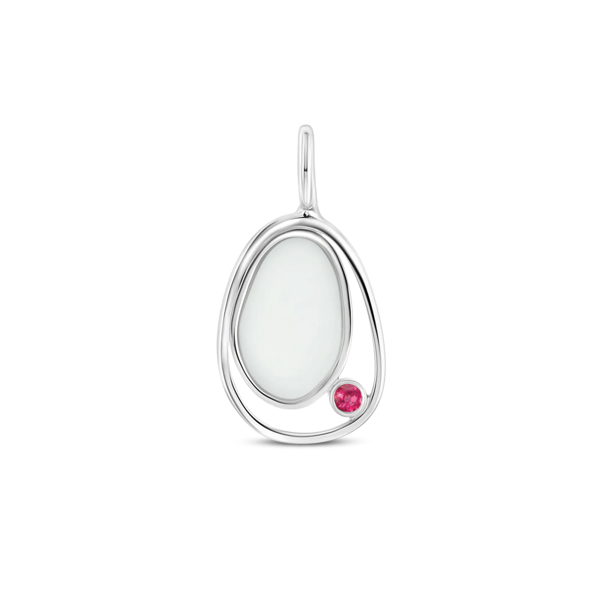 Moedermelk-hanger van 925 zilver met een ovale harssteen en een roze geboortesteen aan de zijkant.
