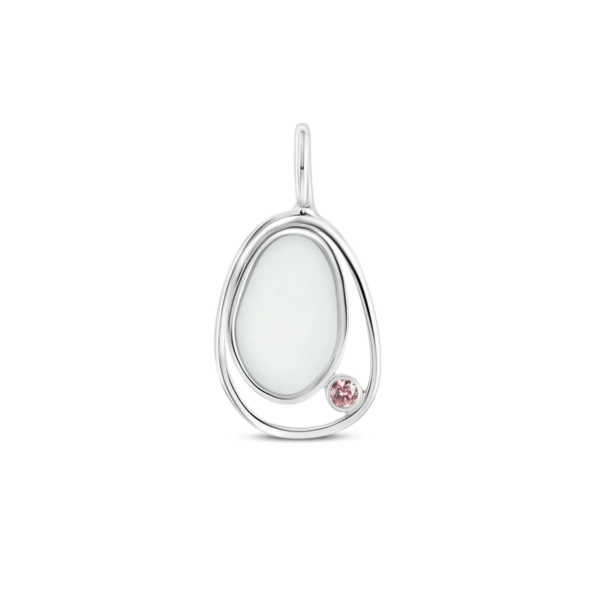 Hanger van 925 zilver met een ovale moedermelkhars en een roze zirkonia aan de onderzijde.