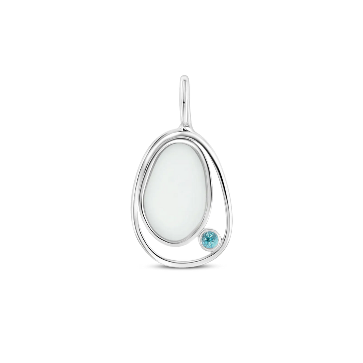 Moedermelk-hanger van 925 zilver met een ovale witte harssteen en een lichtblauwe geboortesteen aan de zijkant.