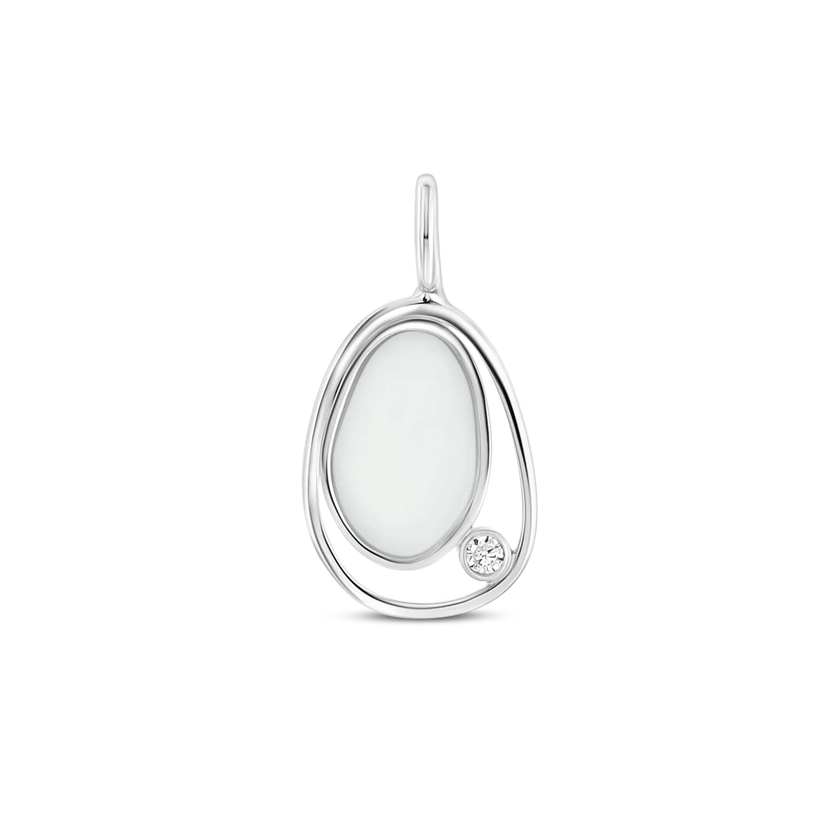 Hanger van massief witgoud met een ovale moedermelkhars en een kleine zirkonia aan de zijkant.