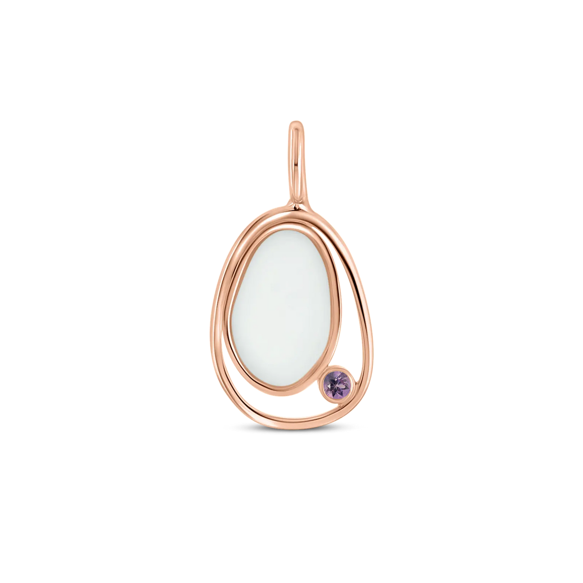 Roségouden hanger met een ovale moedermelkhars en een paarse zirkonia, elegant gevormd met een sierlijke omlijsting.