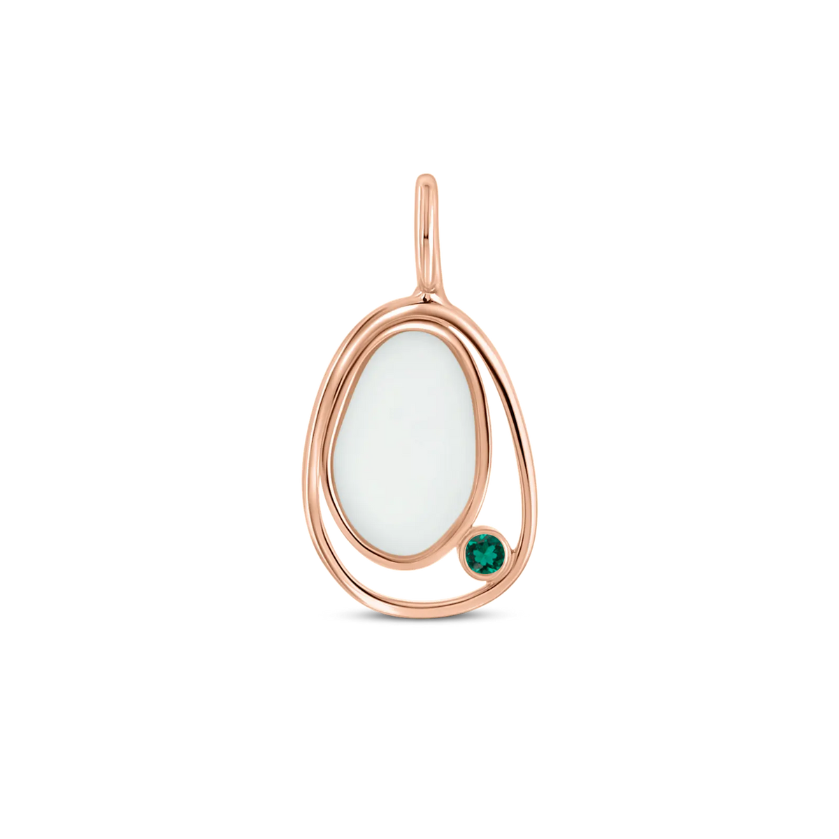 Roségouden hanger met een ovale moedermelkhars en een groene geboortesteen, in een elegante, organische vorm.
