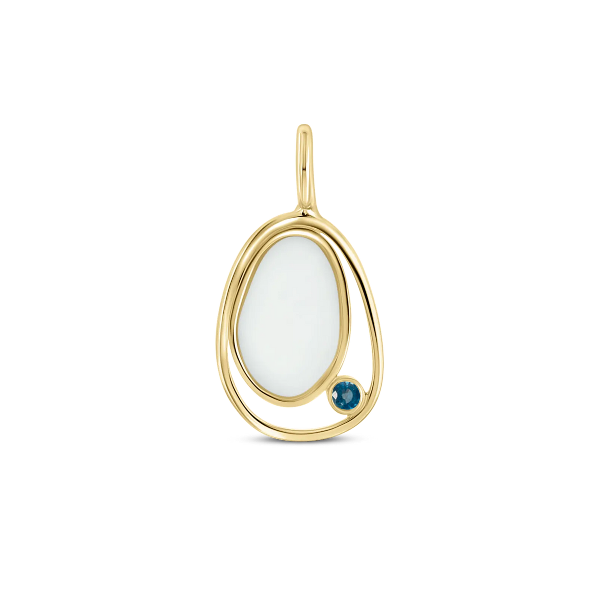 Hanger van massief geelgoud met een ovale moedermelkhars en een blauwe geboortesteen, elegant gevormd met een verfijnde omlijsting.