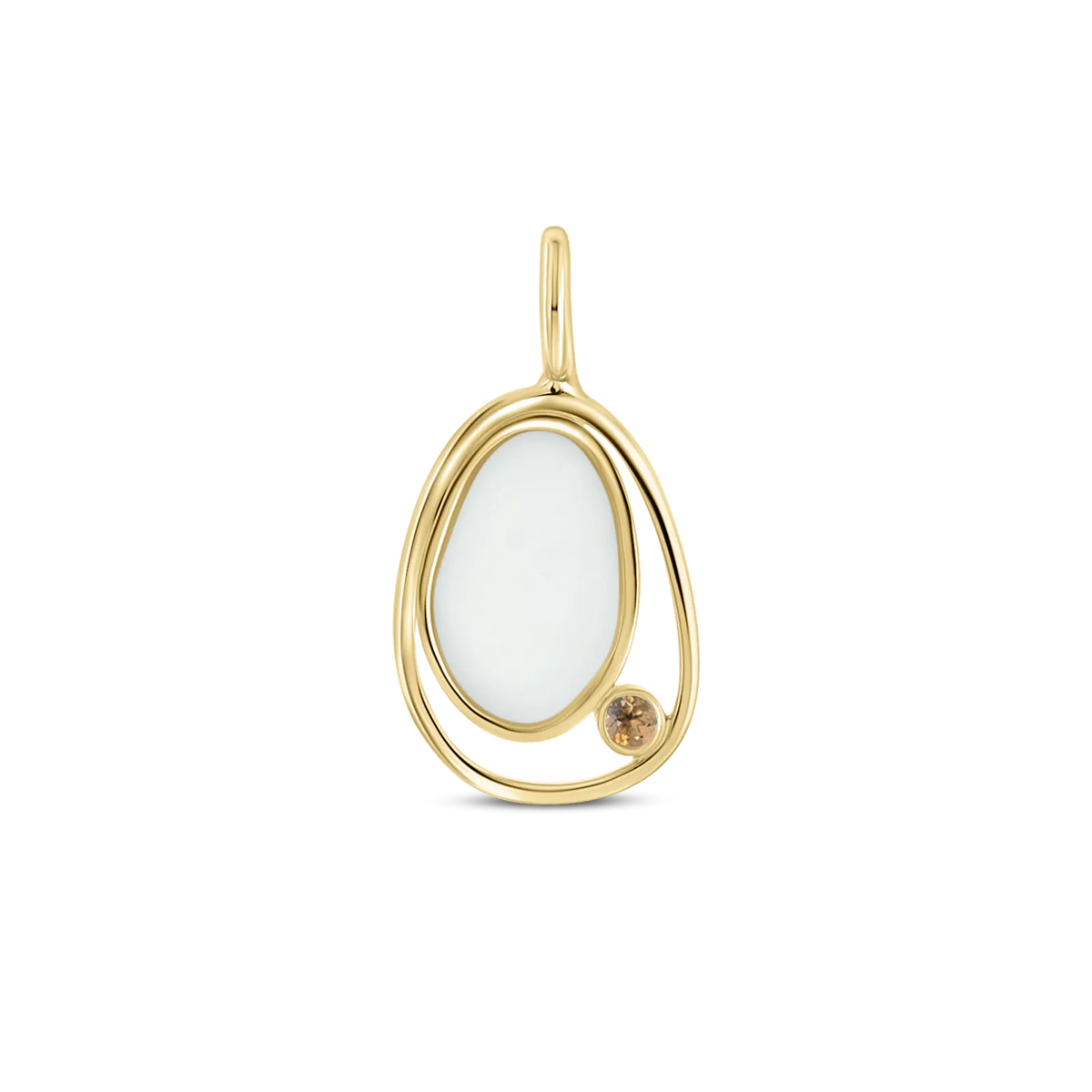 Hanger van massief geelgoud met een ovale moedermelkhars en een kleine geboortesteen in een elegante setting.