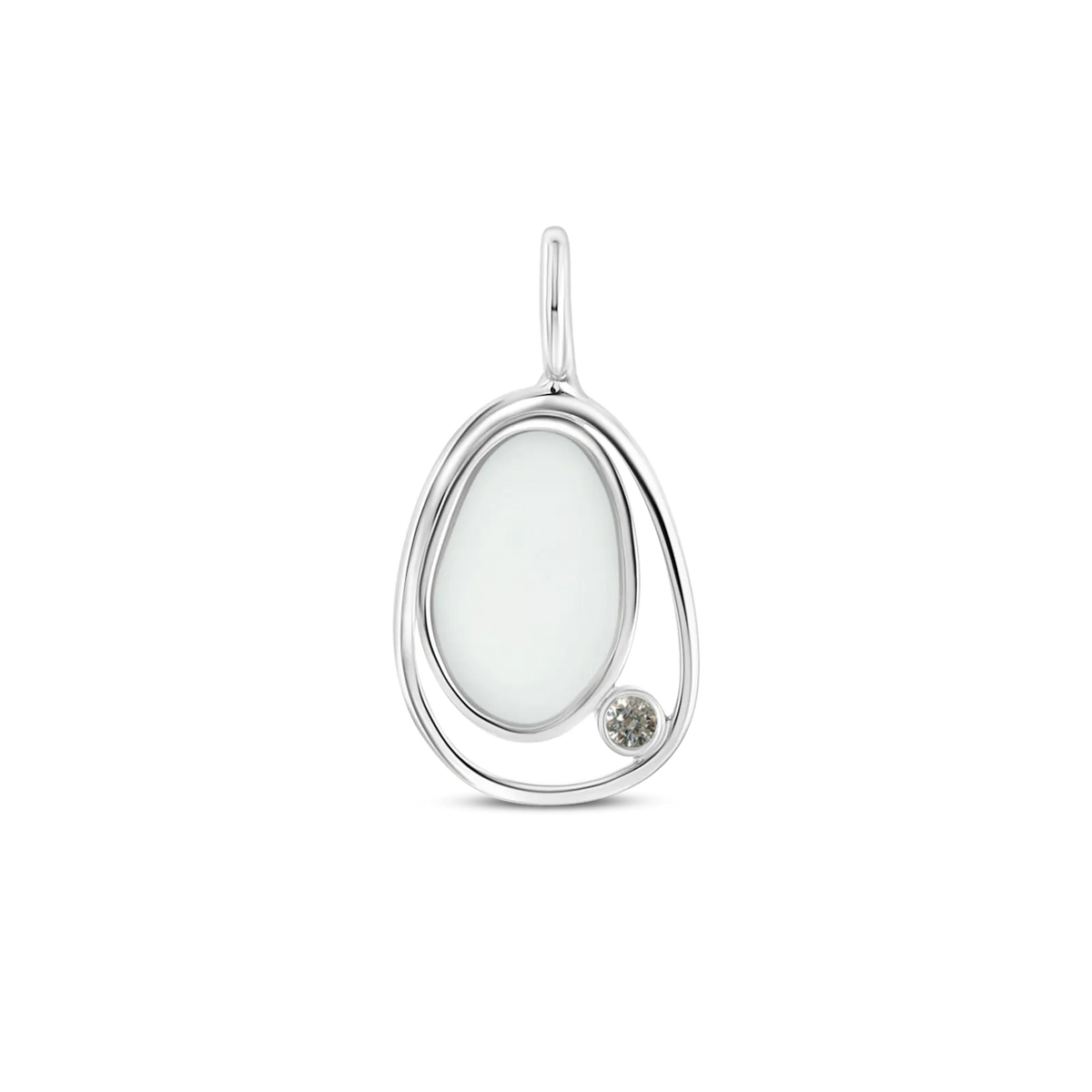 Hanger van massief witgoud met een ovale moedermelkhars en een kleine zirkonia aan de zijkant.