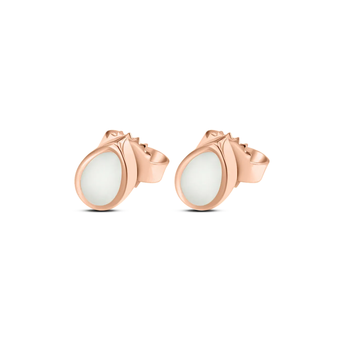 Roségouden moedermelk-oorstekers met een gladde, druppelvormige hars in het midden en een subtiele, elegante afwerking.