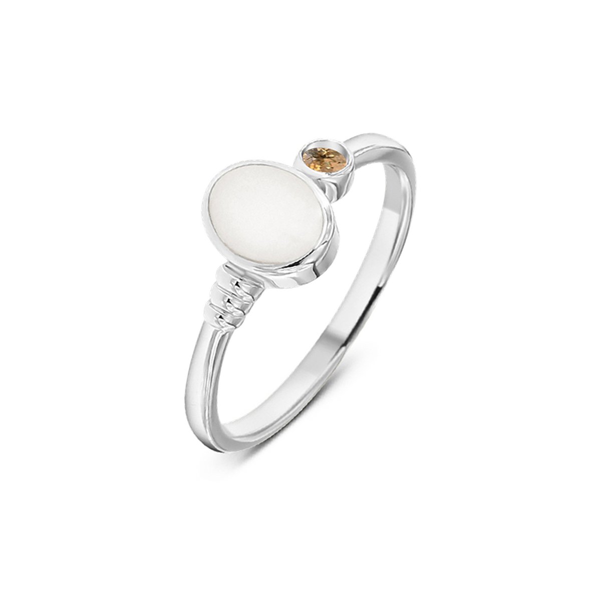 Ronde moedermelk-ring van 925 zilver met een glanzend oppervlak en een geboortesteen in de band.