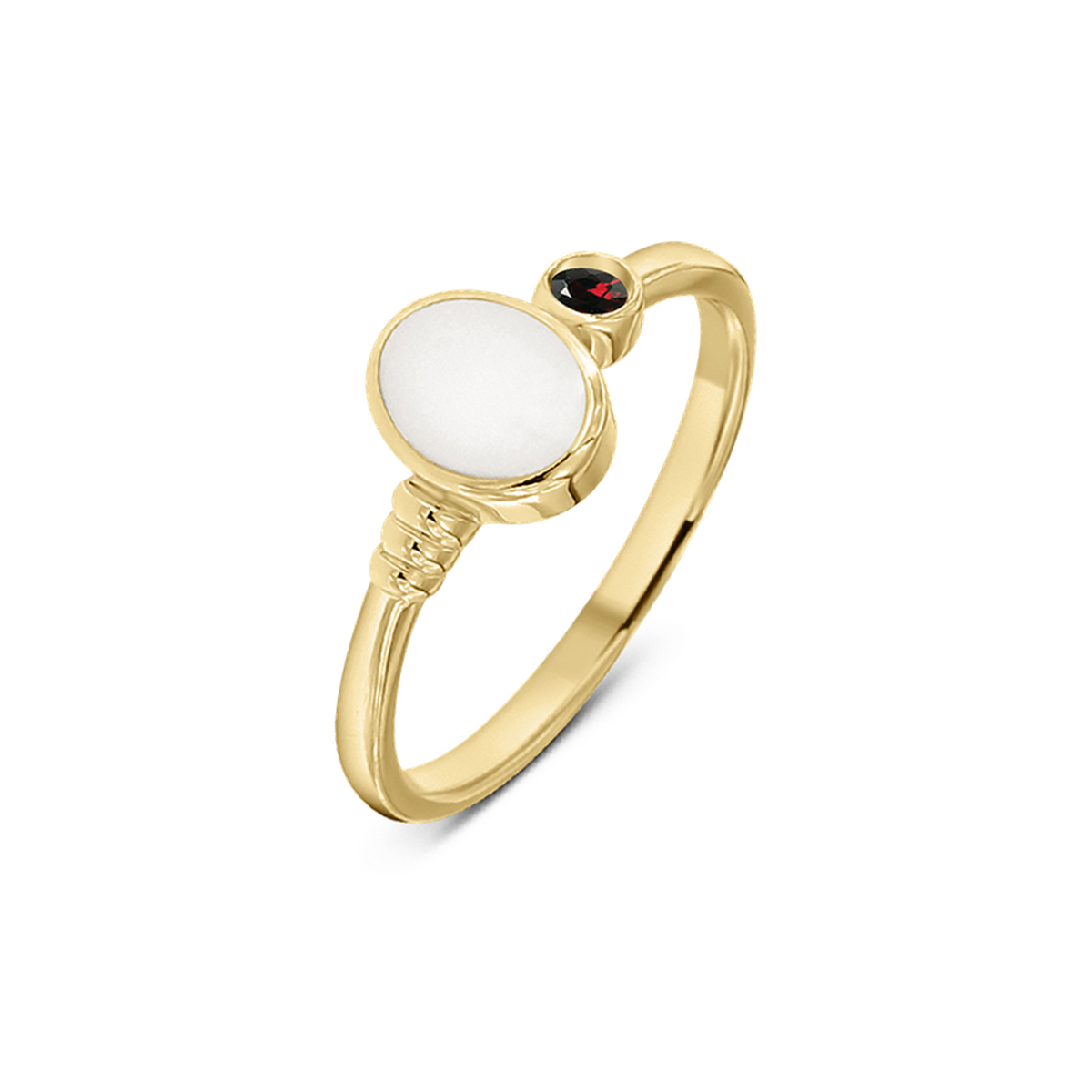 Ronde moedermelk-ring van massief geelgoud met een gladde witte harssteen en een kleine rode geboortesteen.