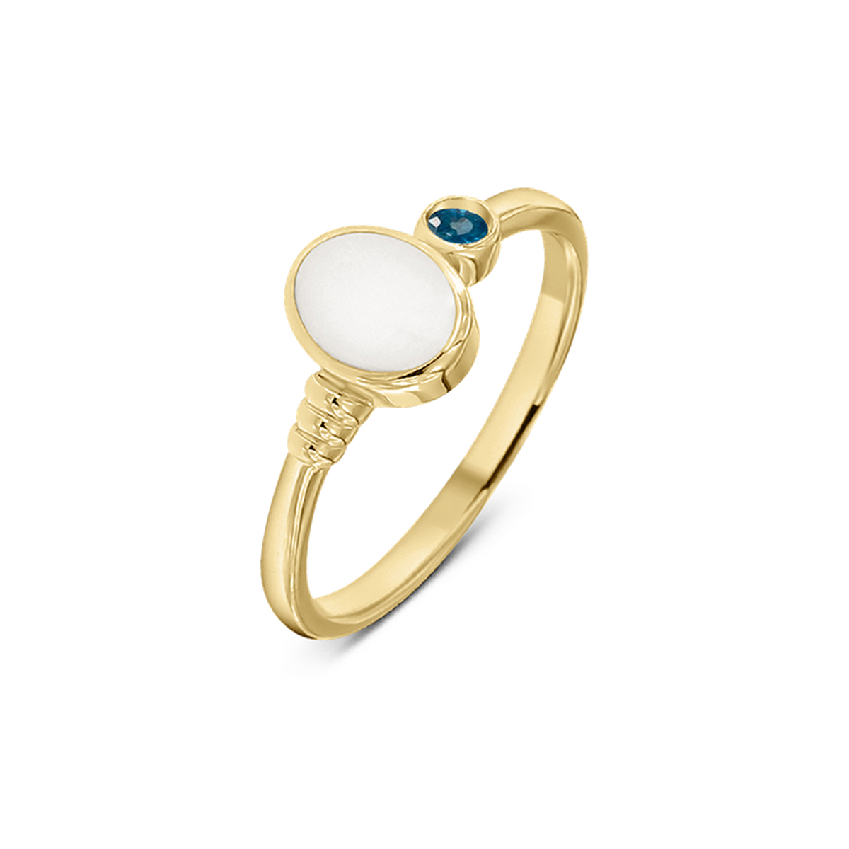Ronde moedermelk-ring van massief geelgoud met een witte harssteen en een kleine turquoise geboortesteen.