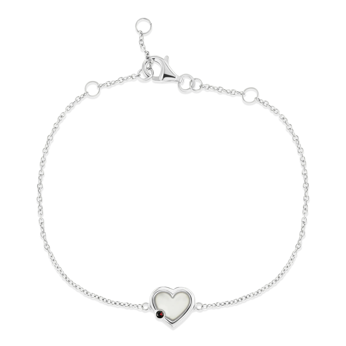 Armband van 925 zilver met een hartvormige hanger van moedermelkhars en een kleine geboortesteen in het midden.