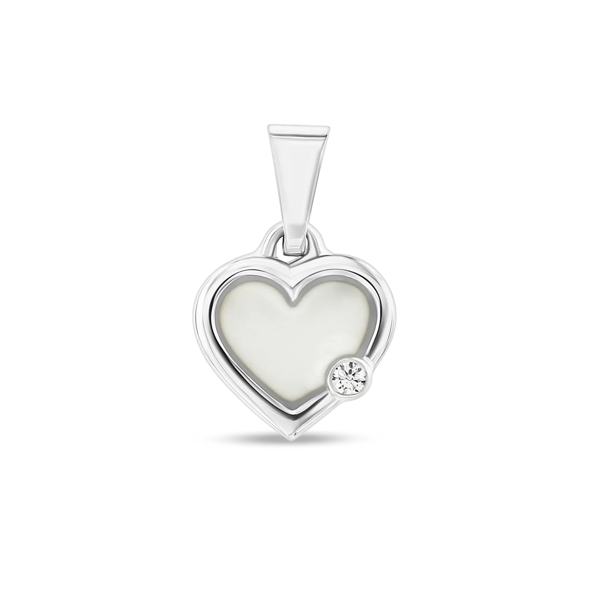 Hartvormige hanger van 925 zilver met een vlak van moedermelkhars en een kleine zirkonia aan de zijkant.