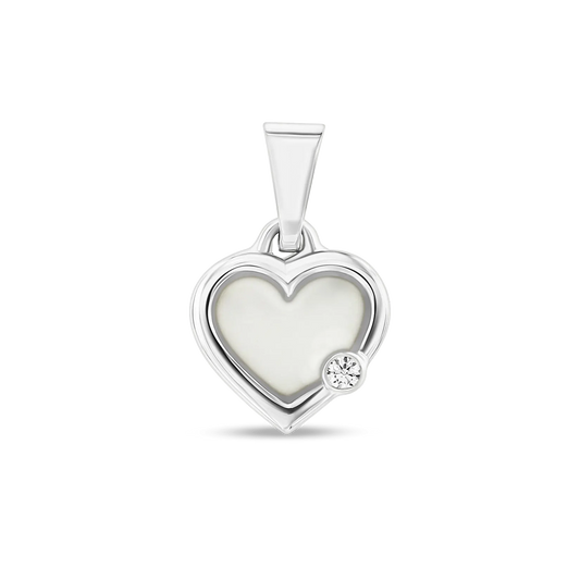 Hartvormige hanger van 925 zilver met een vlak van moedermelkhars en een kleine zirkonia aan de zijkant.