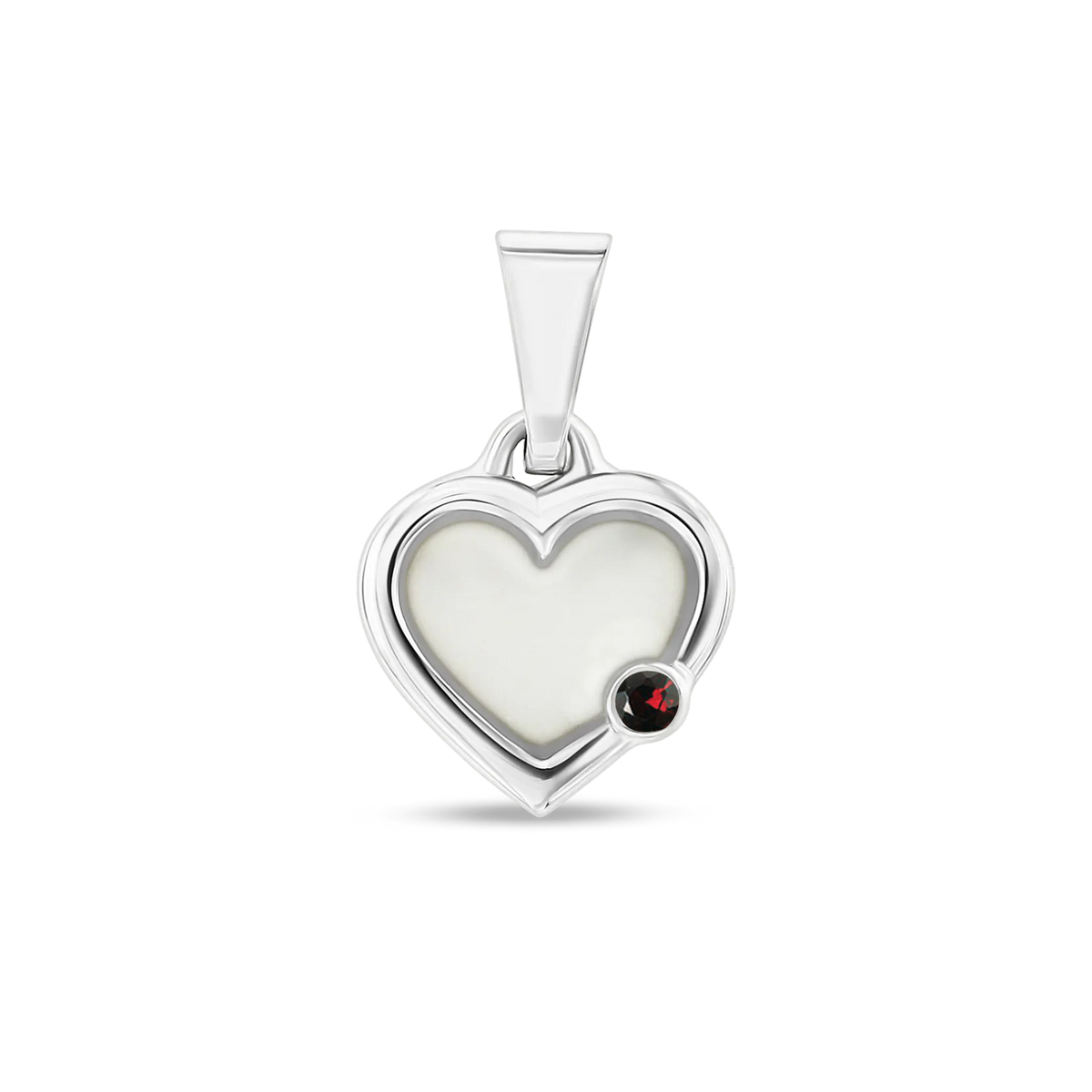 Hartvormige hanger van 925 zilver met een vlak van moedermelkhars en een kleine geboortesteen in het zwart.