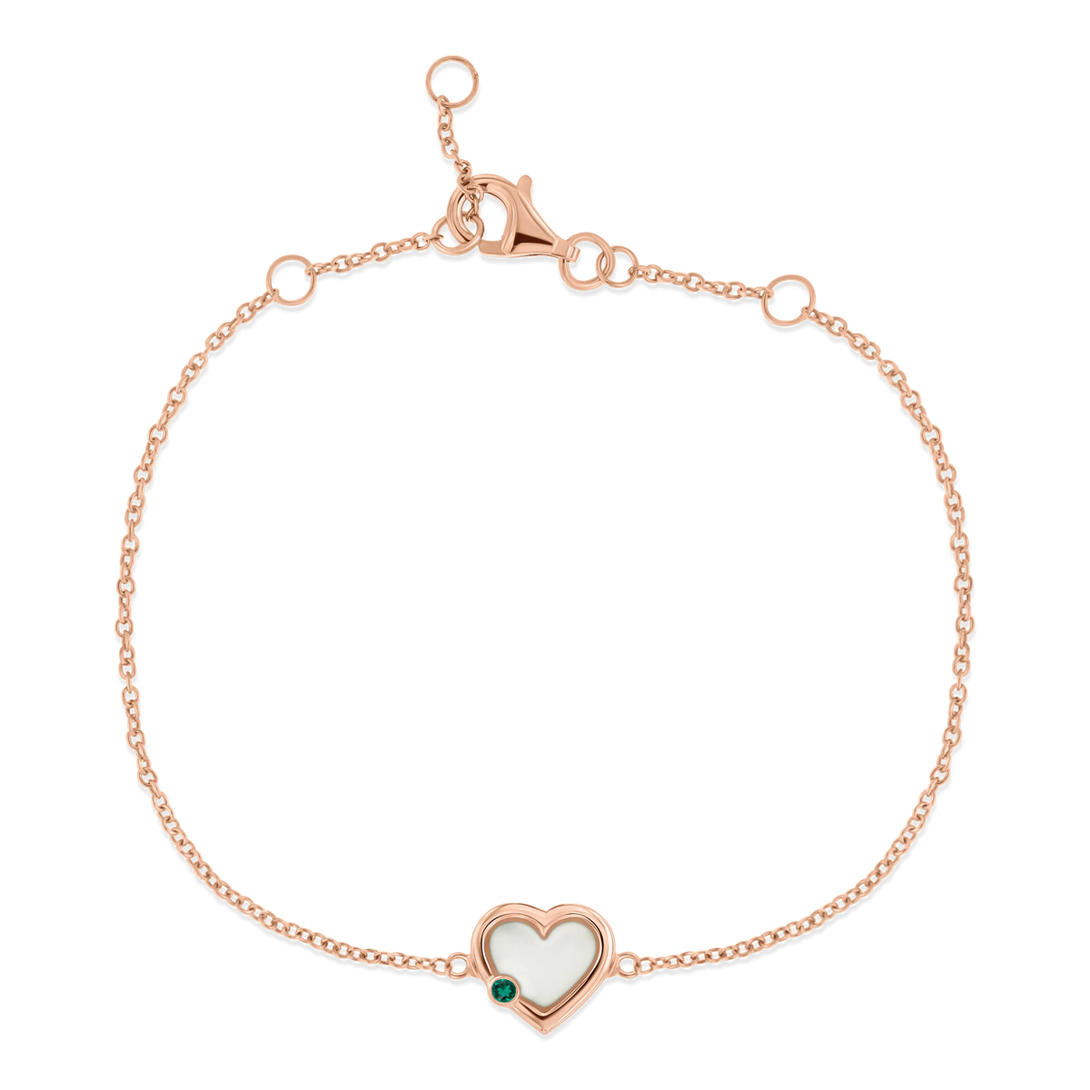 Roségouden armband met een hartvormige hanger van moedermelkhars en een groene geboortesteen, met een delicate schakeling.