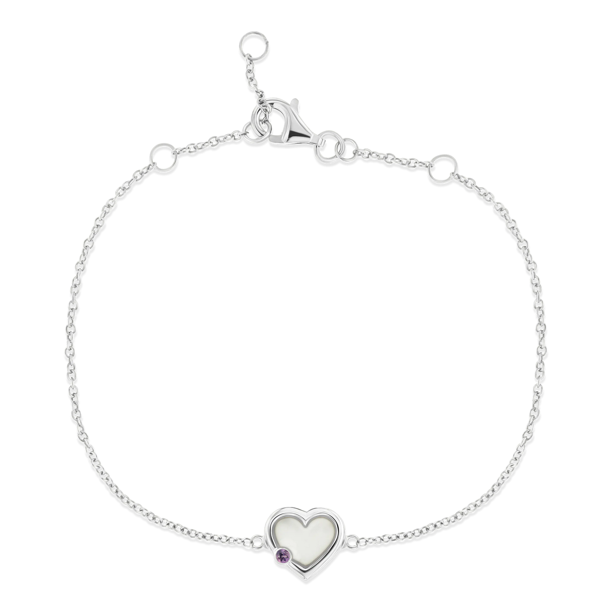 Armband van massief witgoud met een hartvormige hanger, voorzien van een vlak met moedermelk en een paarse geboortesteen.