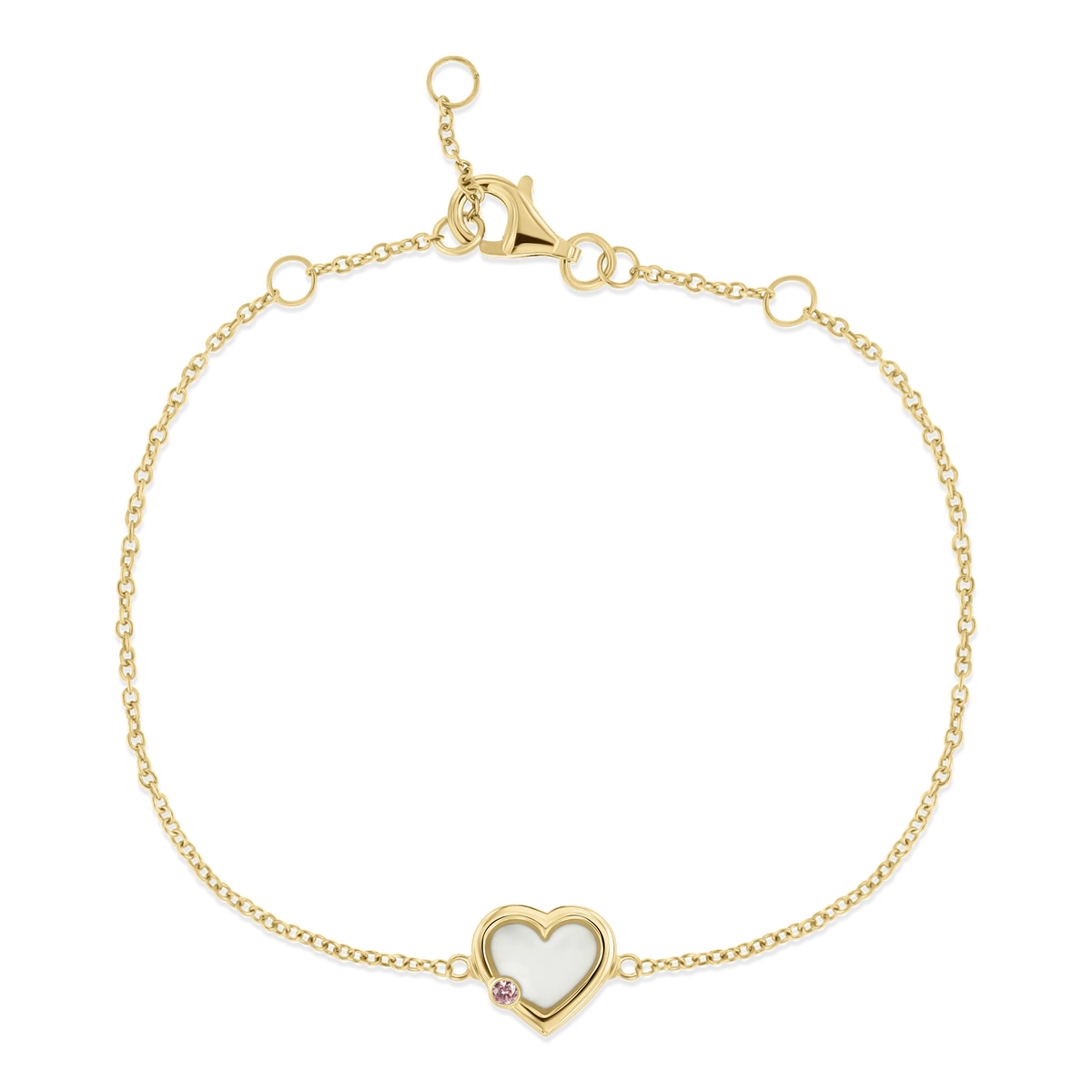 Armband van massief geelgoud met een hartvormige moedermelkhars en een roze zirkonia, fijne schakelketting.