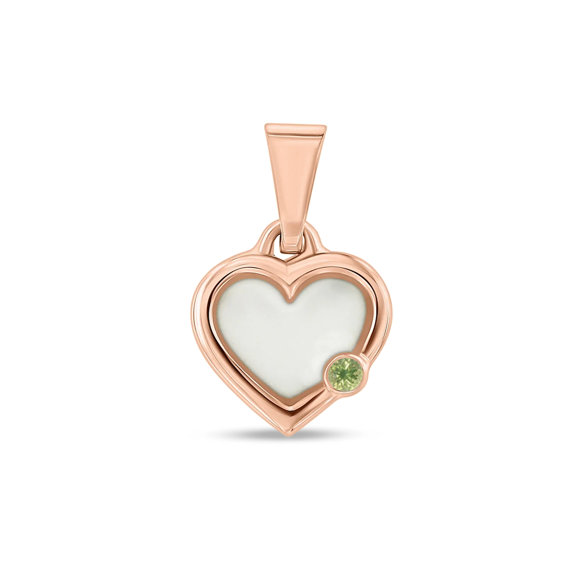 Hanger in roségoud met een hartvormige zetting, voorzien van een vlak moedermelkhars en een groene geboortesteen.