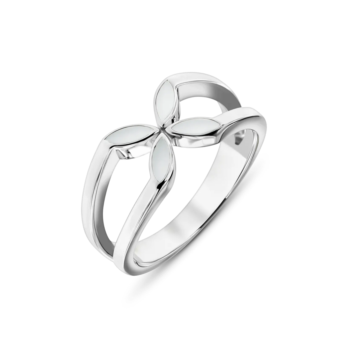 Moedermelk-ring van 925 zilver met een bloemvormige design en vier bladeren, waarin moedermelkhars is verwerkt.
