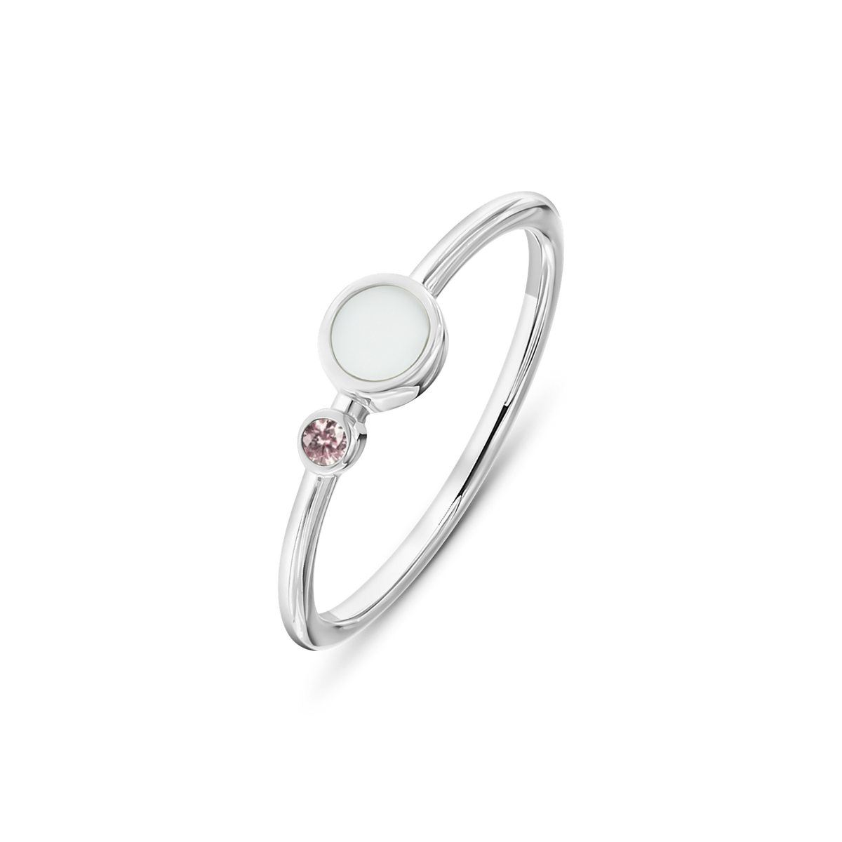 Massief witgouden ring met een ronde moedermelkhars en een kleine roze zirkonia aan de zijkant.